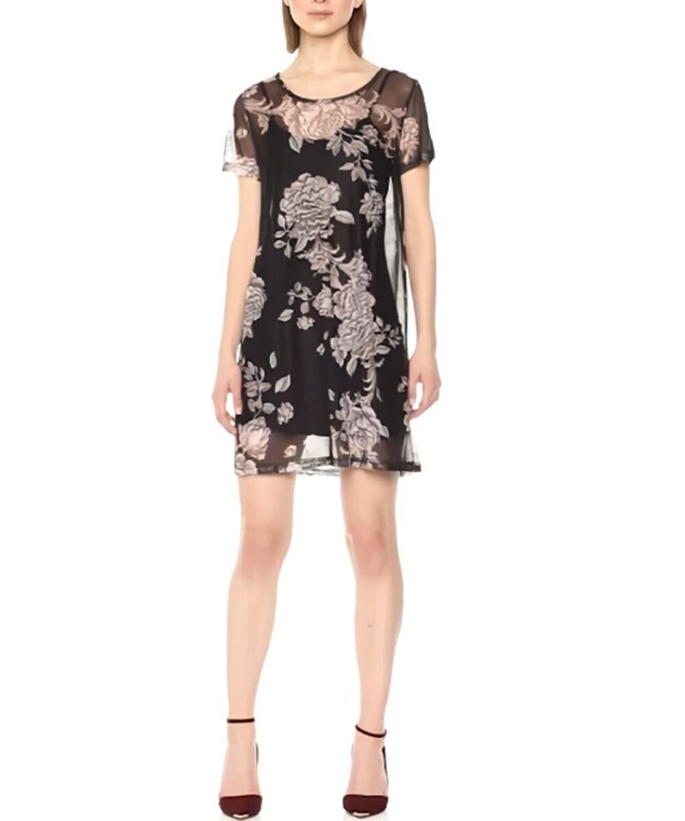 MinkPink Illusion Floral Print Tunic Mini Dress Sheer Mesh Black Beige Womens M